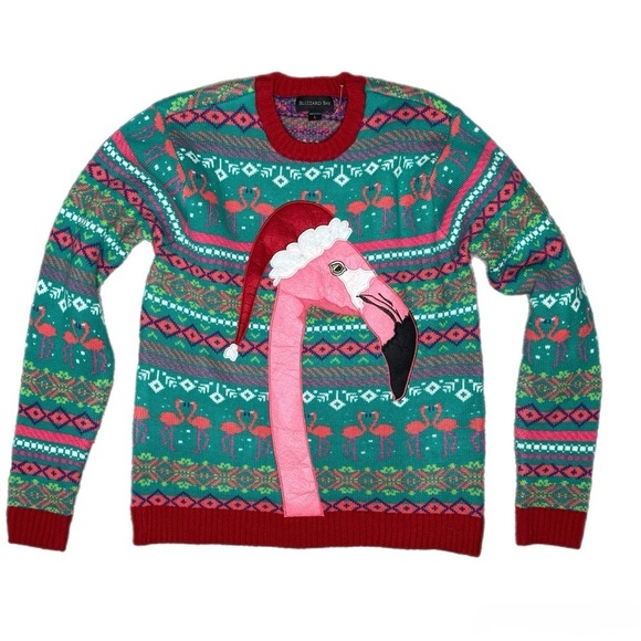 Festive Green and Red Crewneck Sweater with Flamingo Design